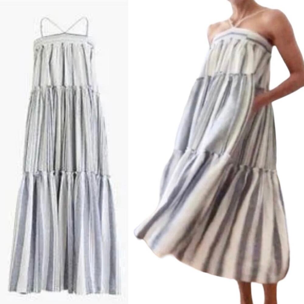 J Crew NWT Chambray Cover-up Dress S Small Midi Tiered Linen Blue White New Boho